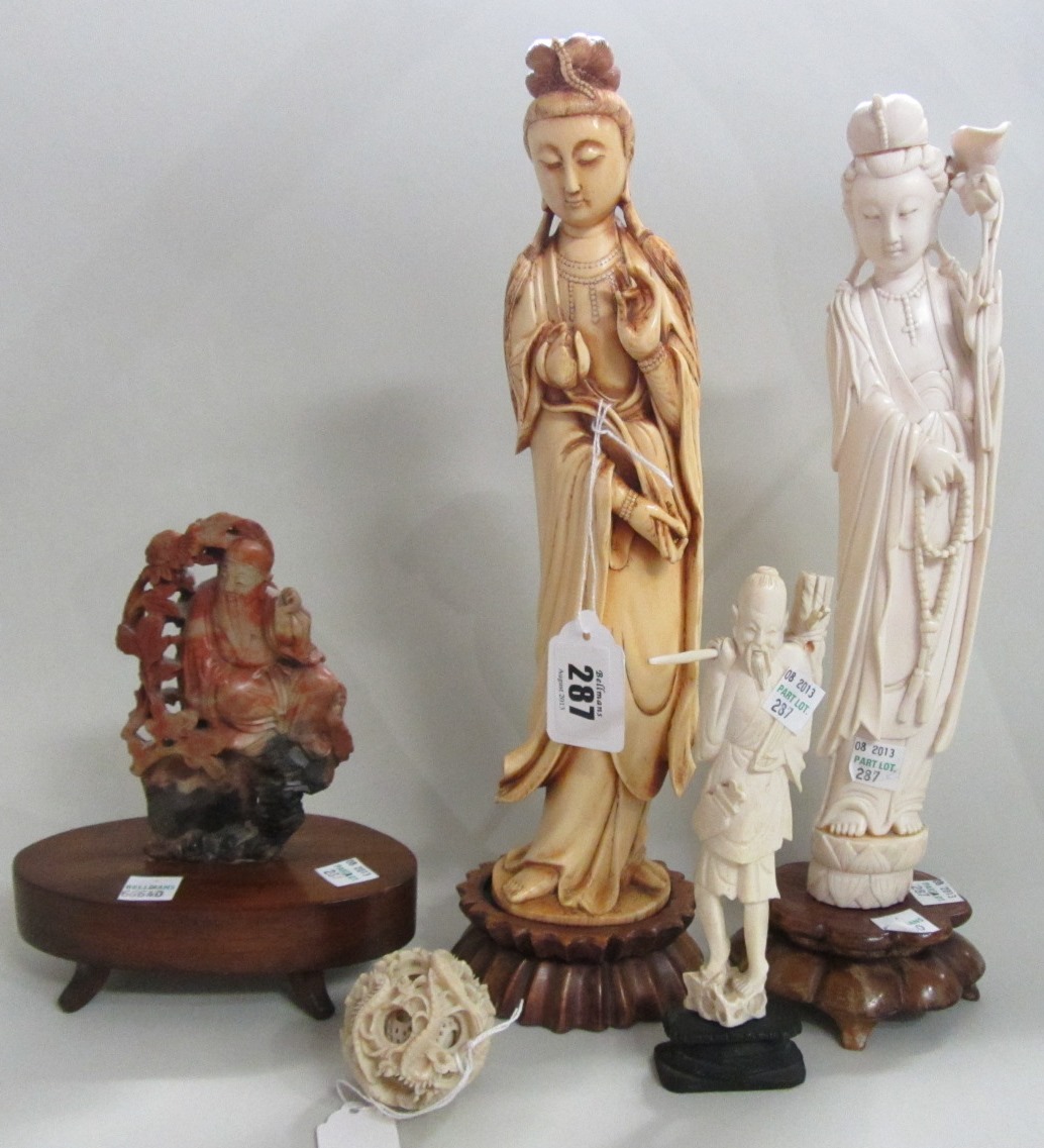 Appraisal: A group of Chinese carvings th century comprising two ivory