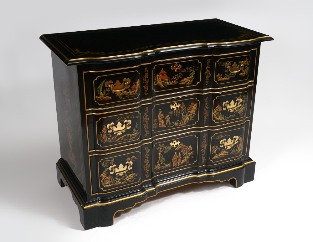 Appraisal: CHINOISERIE BLOCK FRONT CHEST BY DREXEL Black chinoiserie drawer chest