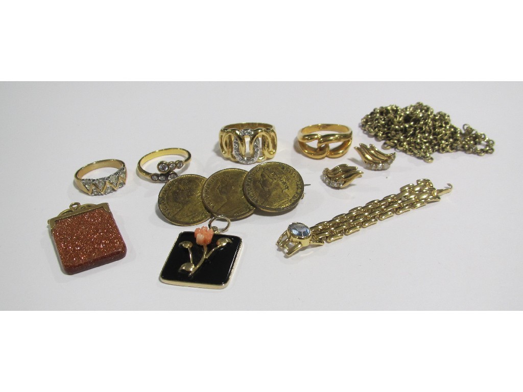 Appraisal: Lot comprising coin brooch four various gilt metal dress rings