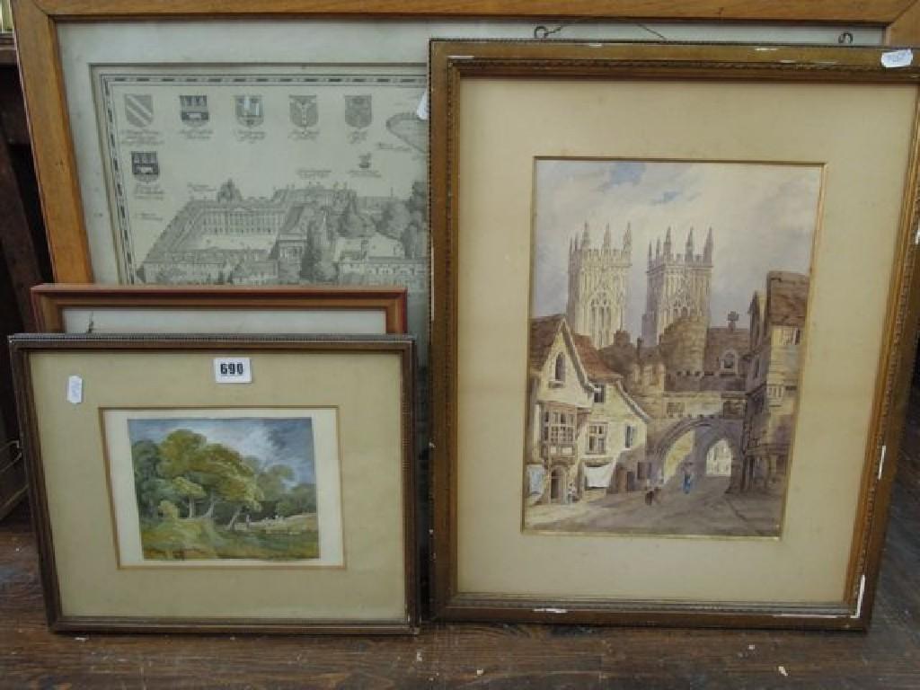 Appraisal: A th century watercolour of a street scene with twin