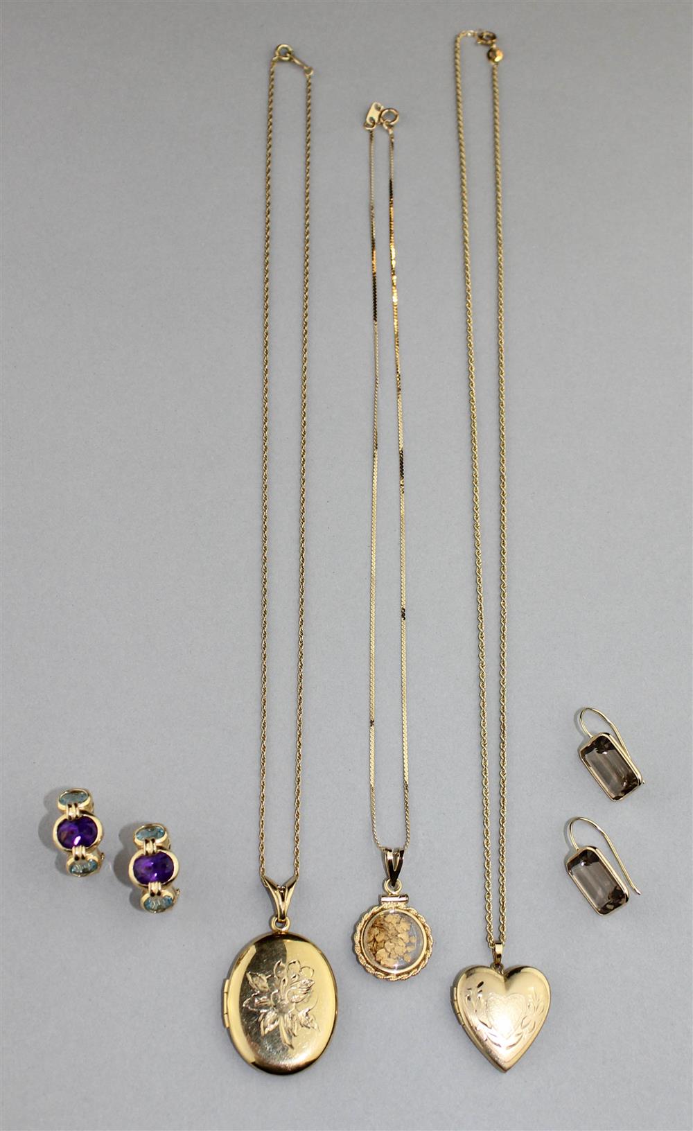 Appraisal: THREE K YELLOW GOLD PENDANTS A PAIR OF AMETHYST AND