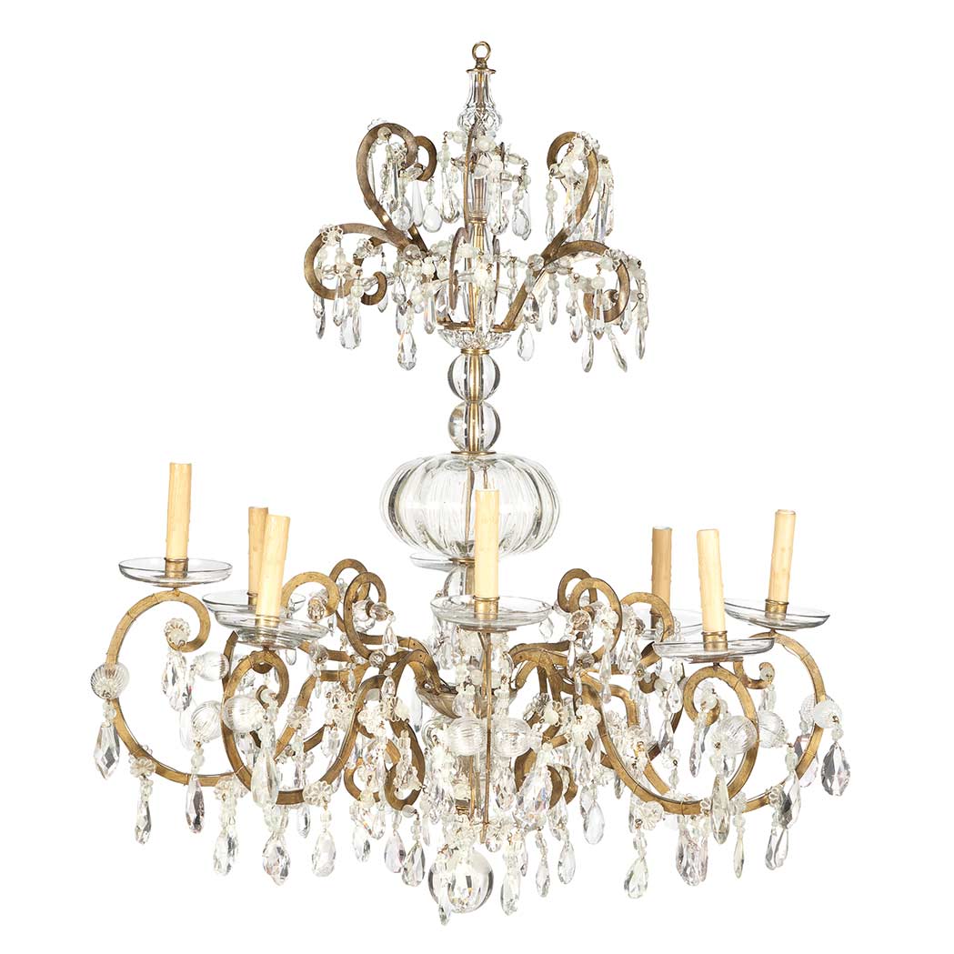 Appraisal: Murano Gilt-Metal and Hand-Blown Glass Eight-Light Chandelier Modern The multi-tiered