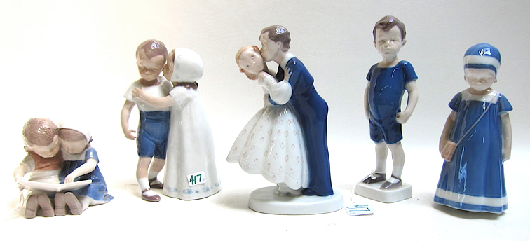 Appraisal: FIVE BING GRONDAHL CERAMIC FIGURINES First Kiss Reading Children Else