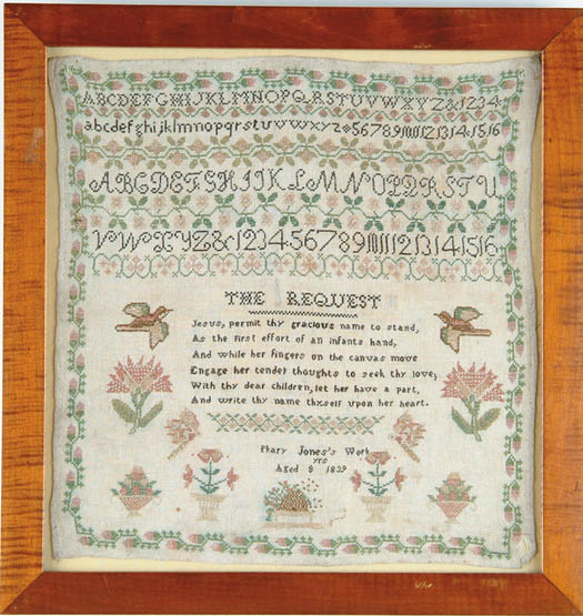 Appraisal: COLORFUL NEEDLEWORK SAMPLER BY MARY JONES The strawberry vine border