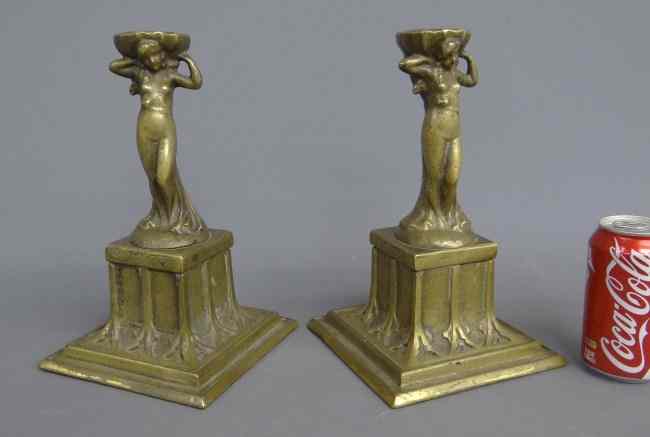 Appraisal: Pair brass figural women candlesticks '' Ht