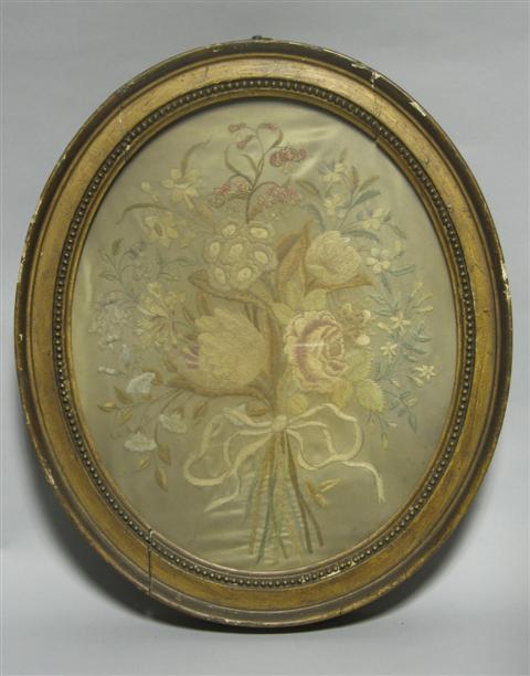 Appraisal: CONTINENTAL SILK EMBROIDERED FLORAL SPRAY Oval frame - h w