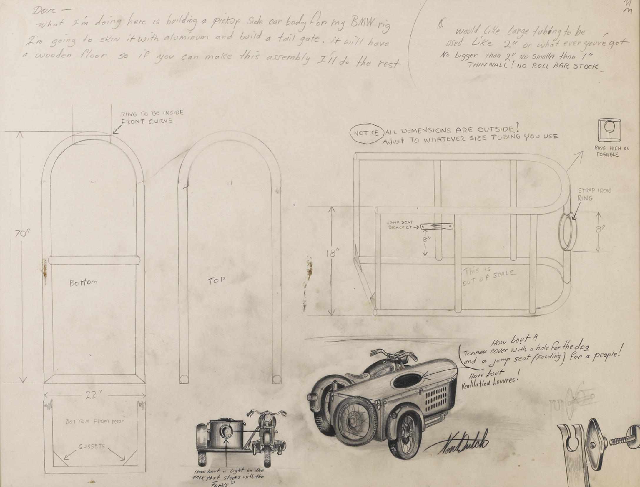 Appraisal: Framed Von Dutch sidecar plans and artwork Hand-drawn plans given