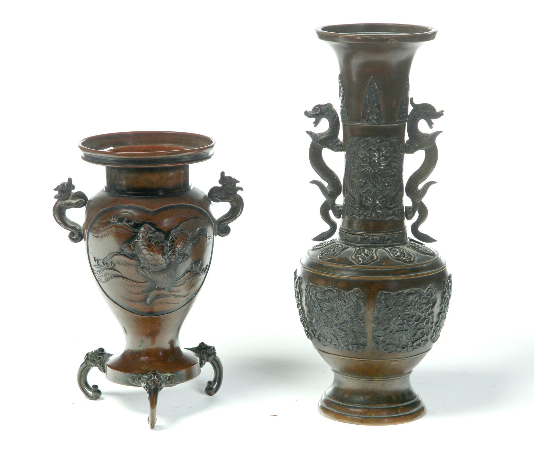 Appraisal: TWO CHINESE BRONZE VASES Twentieth century Both have figural handles