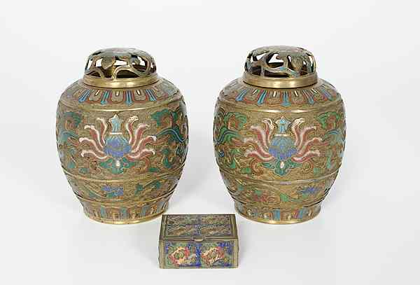 Appraisal: Bronze Cloisonn Censers Plus Asia A pair of bronze cloisonn