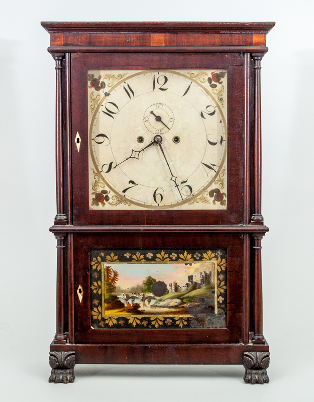 Appraisal: AMERICAN CLASSICAL CARVED MAHOGANY SHELF CLOCK With paper label 'Patent