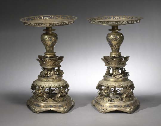 Appraisal: EXCEPTIONAL PAIR OF JAPANESE MEIJI BRONZE USUBATA With inlay gold