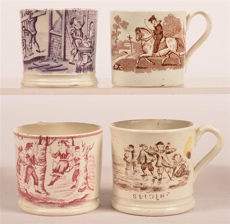 Appraisal: Ironstone Transfer Decorated Child's Mugs Four Various Ironstone Transfer Decorated