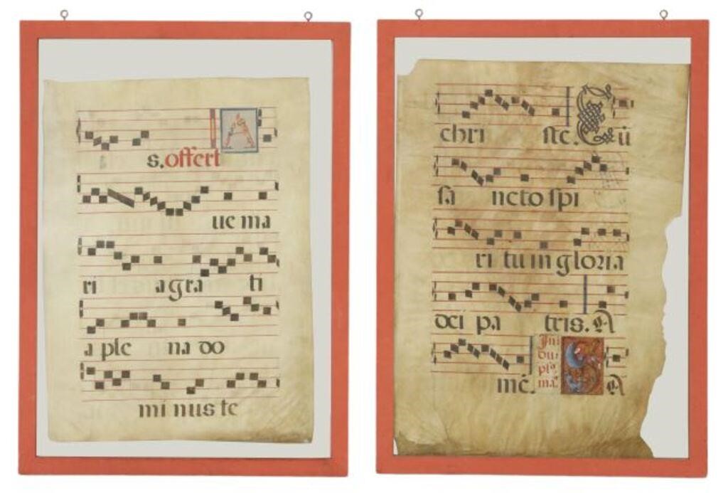 Appraisal: lot of Framed liturgical sheet music manuscripts on parchment with