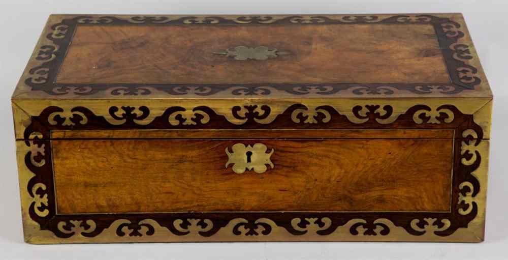 Appraisal: REGENCY BRASS INLAID WALNUT AND MAHOGANY WRITING SLOPE the brass