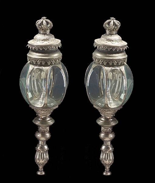 Appraisal: A pair of silvered metal carriage lanterns second half th