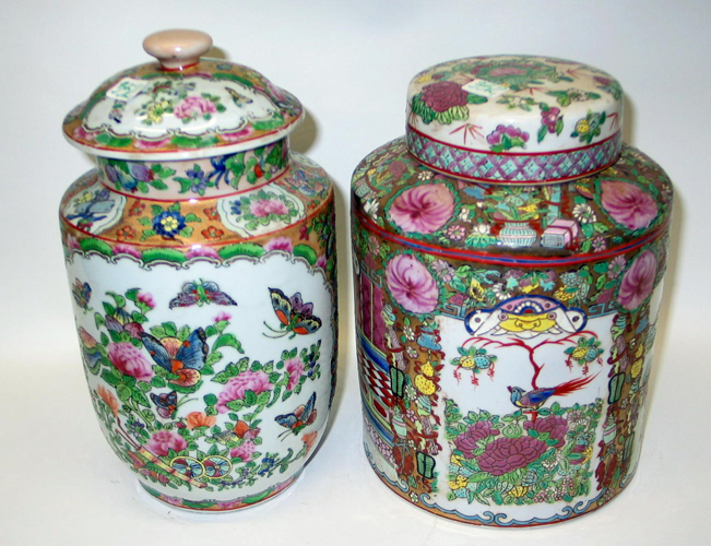 Appraisal: TWO CHINESE ENAMELED PORCELAIN COVERED JARS One is a Famille