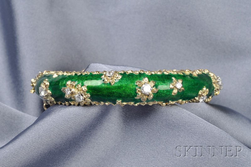 Appraisal: kt Gold Enamel and Diamond Bangle Bracelet Cartier France the