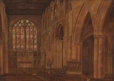 Appraisal: A M Clarson Continental School Church interior Oil on canvas