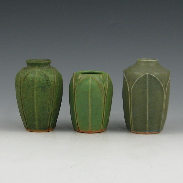 Appraisal: Three Jemerick Arts Crafts cabinet vases in matte green Two