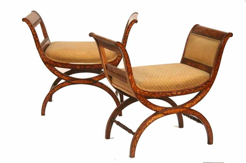 Appraisal: PAIR MARQUETRY WINDOWSEATS - Pair of Dutch Marquetry Inlaid Savonrola