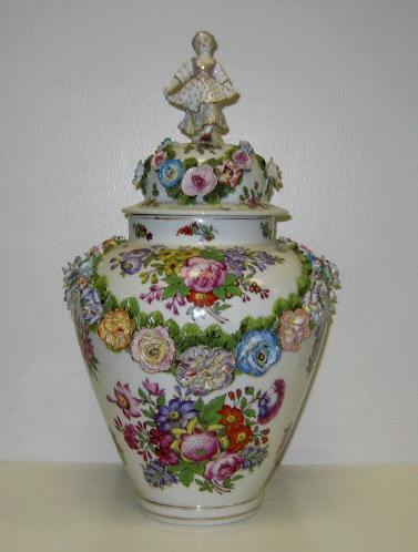 Appraisal: FRENCH MEISSEN STYLE PORCELAIN LIDDED URN Baluster with applied floral