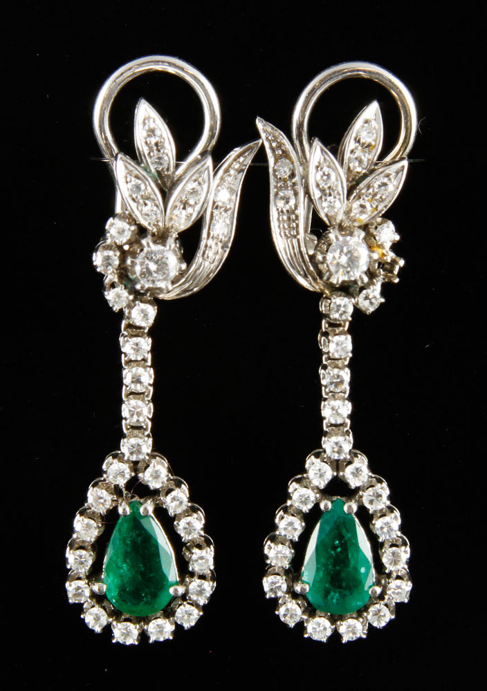 Appraisal: - Pair Platinum Diamond and Emerald Earrings Pair of platinum