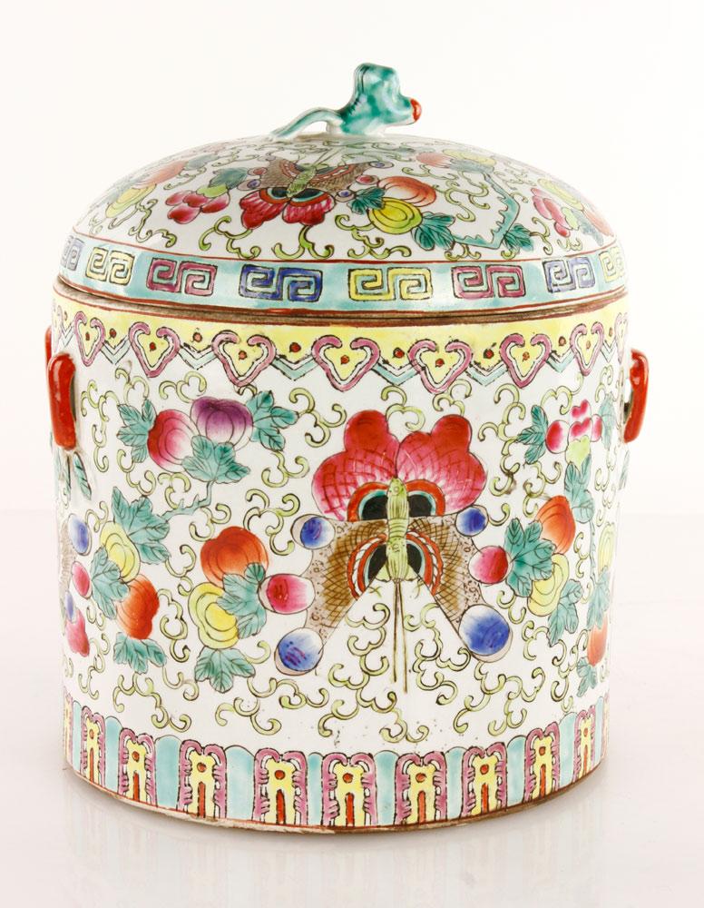 Appraisal: - Chinese Covered Jar Covered jar China decorated with butterflies