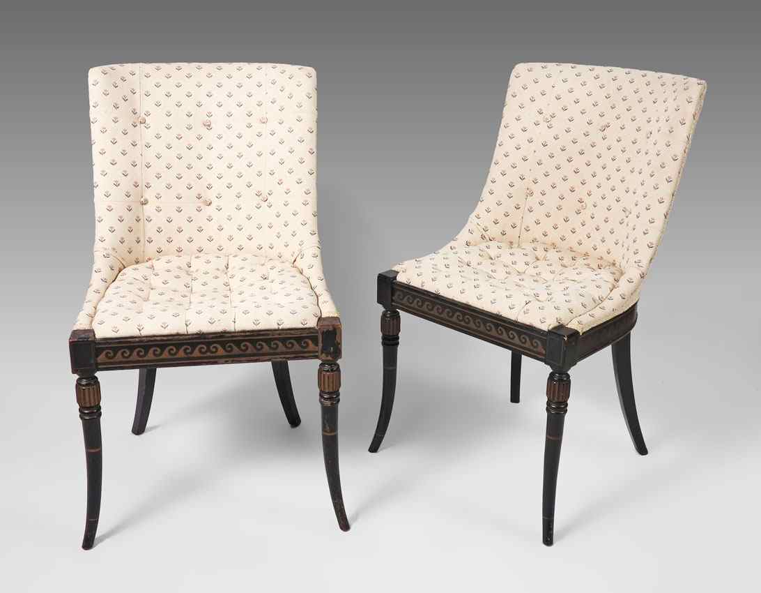 Appraisal: PAIR FRENCH EMPIRE STYLE CHAIRS Ebony black finish with gold