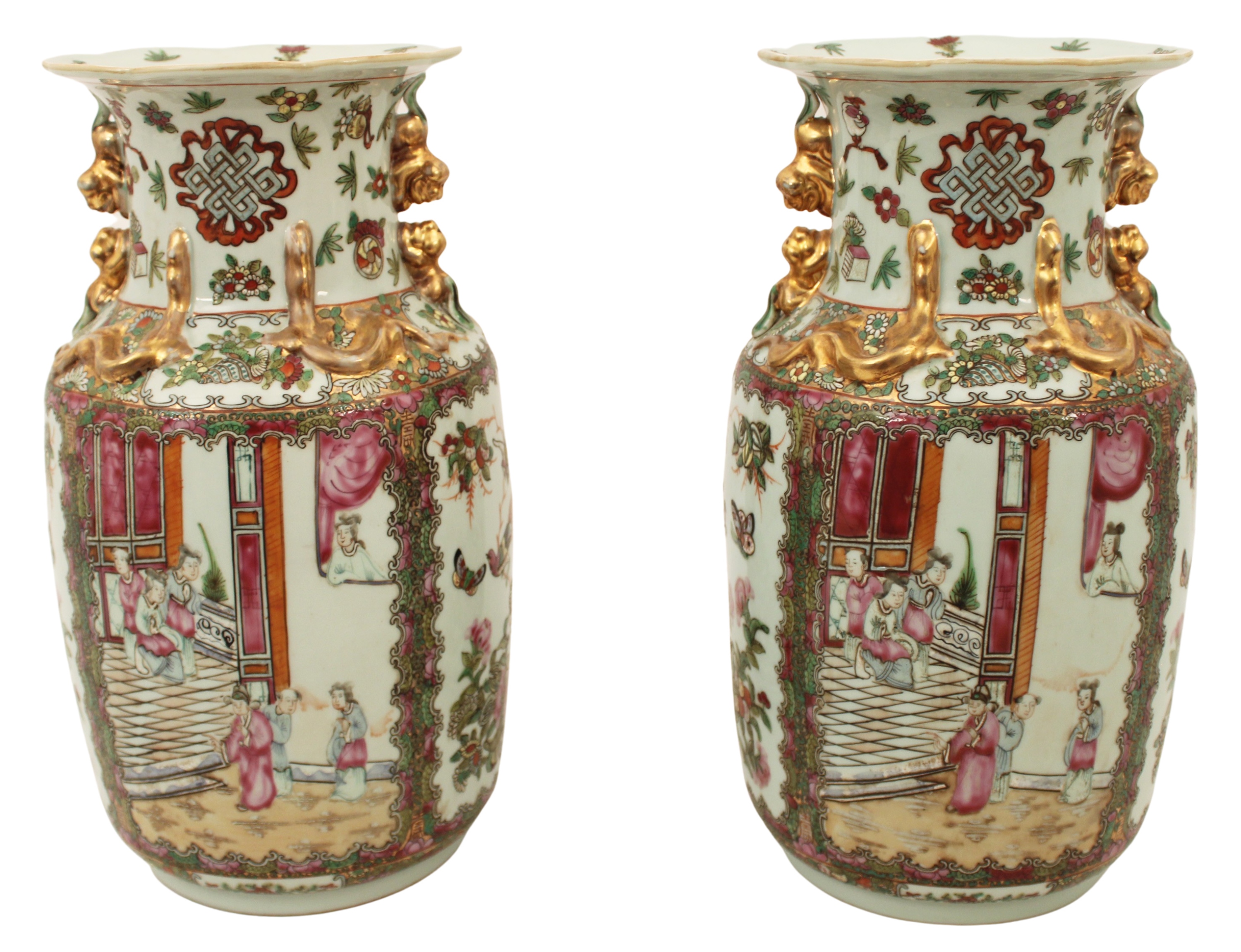 Appraisal: PAIR OF ROSE MEDALLION DECORATED VASES Pair of rose medallion