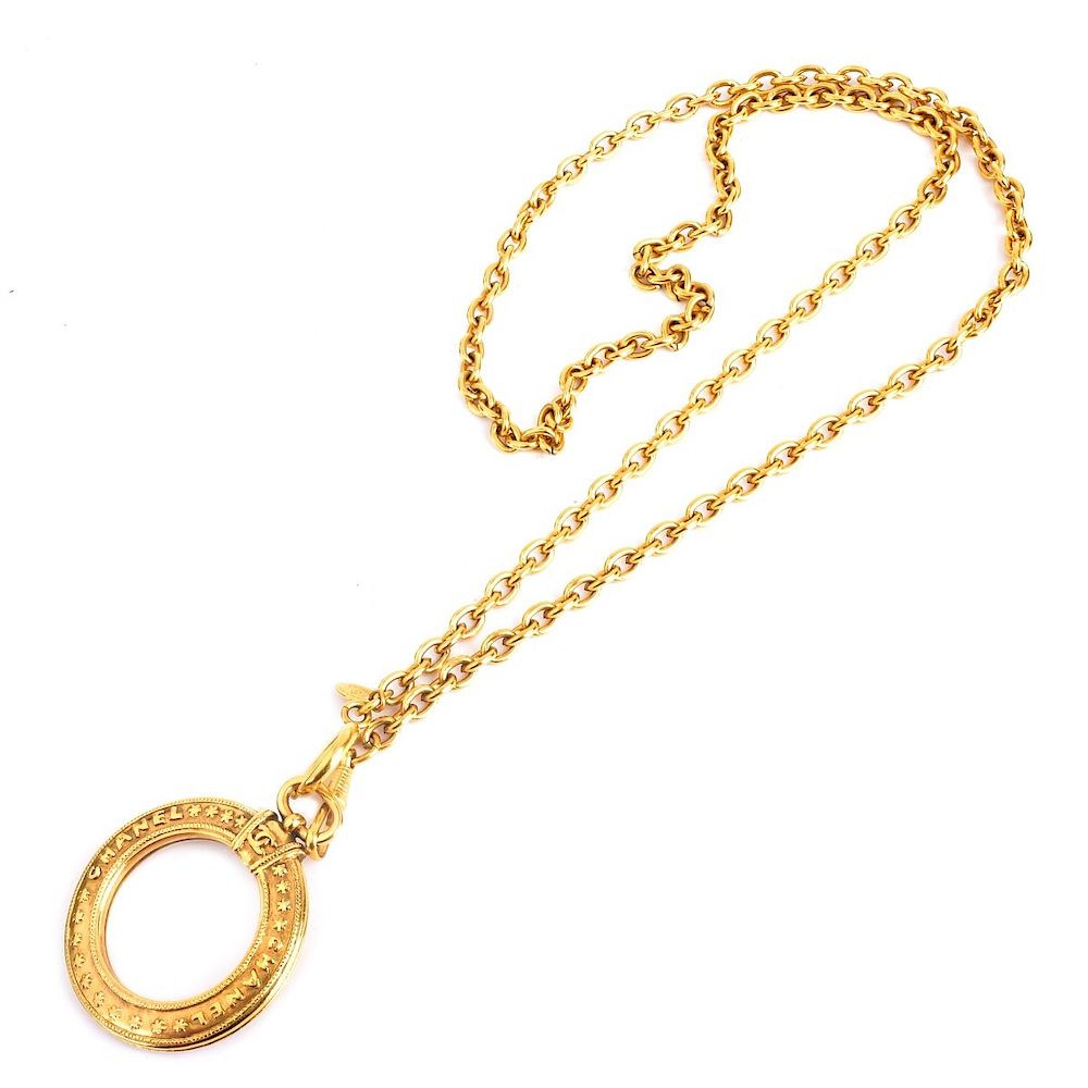 Appraisal: Chanel Necklace Chanel Gold Tone Magnifying Glass Necklace Labeled appropriately