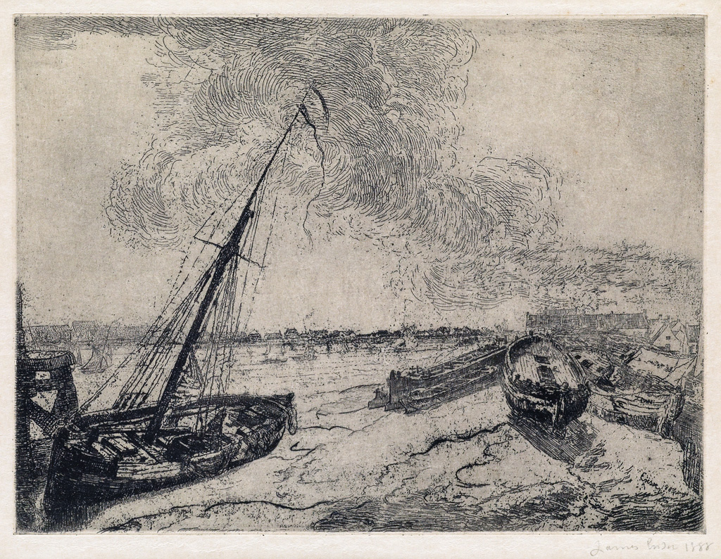 Appraisal: JAMES ENSOR Barques chou es Etching x mm x inches