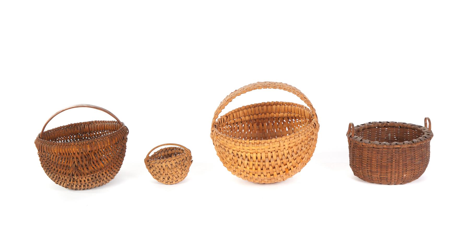 Appraisal: FOUR AMERICAN BASKETS Late th- th century woven splint Bentwood