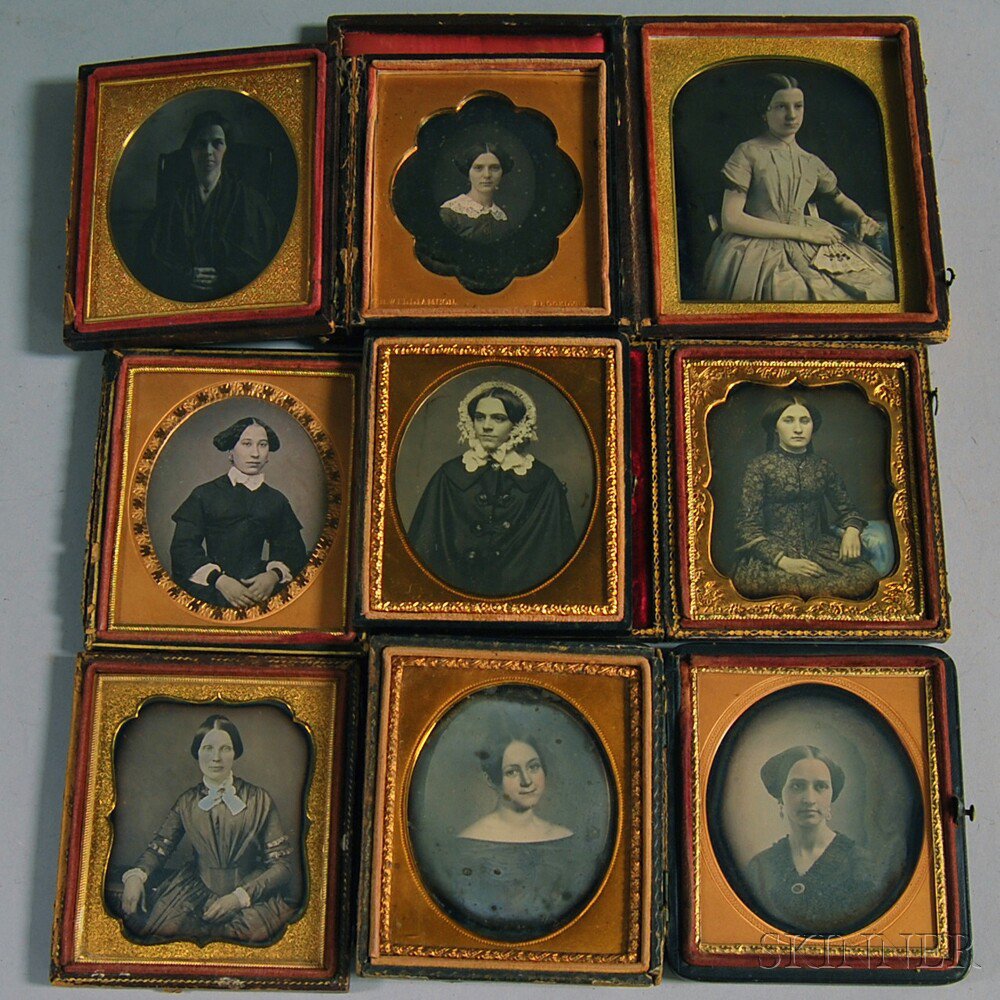 Appraisal: Nine Daguerreotype Portraits of Young Women a quarter-plate portrait of