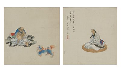 Appraisal: Two Chinese watercolours depicting an immortal with a lion dog