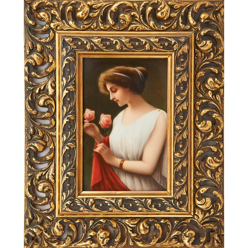 Appraisal: GERMAN PORCELAIN PLAQUE Young woman in classical dress with roses