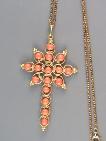 Appraisal: Coral Cross Pendant coral beads in k yellow gold with