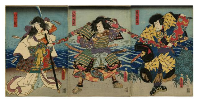 Appraisal: Utagawa Kunisada - Kabuki Scene Three Warriors Color woodcut triptych