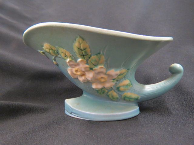 Appraisal: Roseville Pottery White Rose CornucopiaVase blue tall across 's excellent