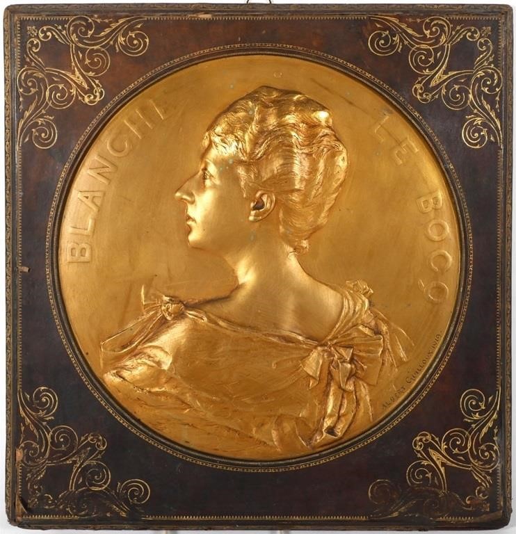 Appraisal: Antique metal plaque of a woman titled Blanche Le Bocq