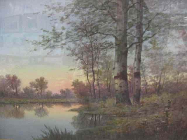 Appraisal: A Abrams Watercolor Birches along thewaterfront at sunset image area