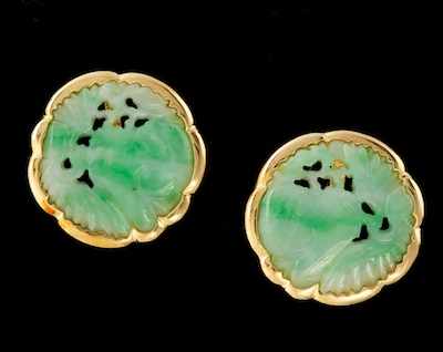 Appraisal: A Pair of Carved Jadeite and Gold Earrings k yellow