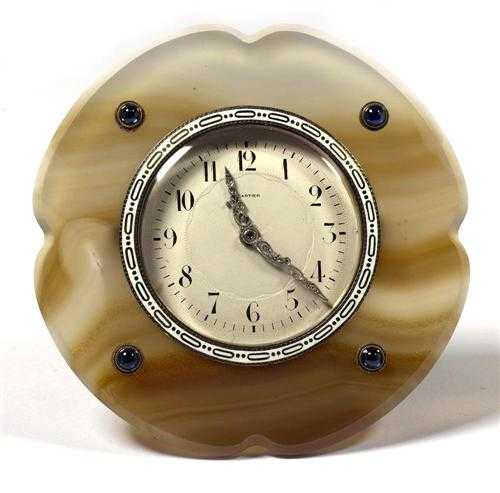 Appraisal: AGATE SAPPHIRE AND ENAMEL TABLE CLOCK France ca Silver gold-plated