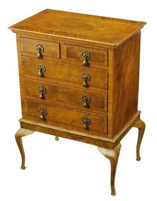 Appraisal: A miniature walnut chest on stand the crossbanded top inset