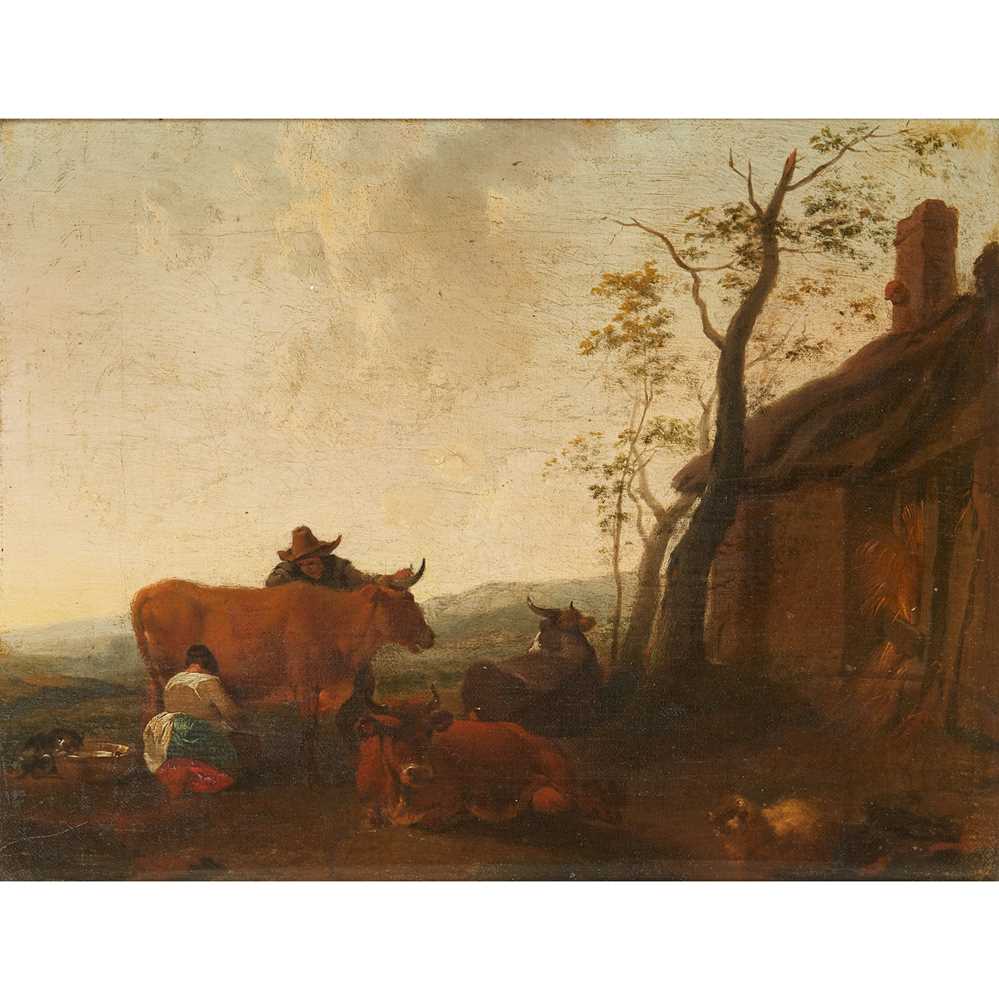 Appraisal: FOLLOWER OF ABRAHAM BEGYN AN ITALIANATE LANDSCAPE WITH MILKMAID Oil