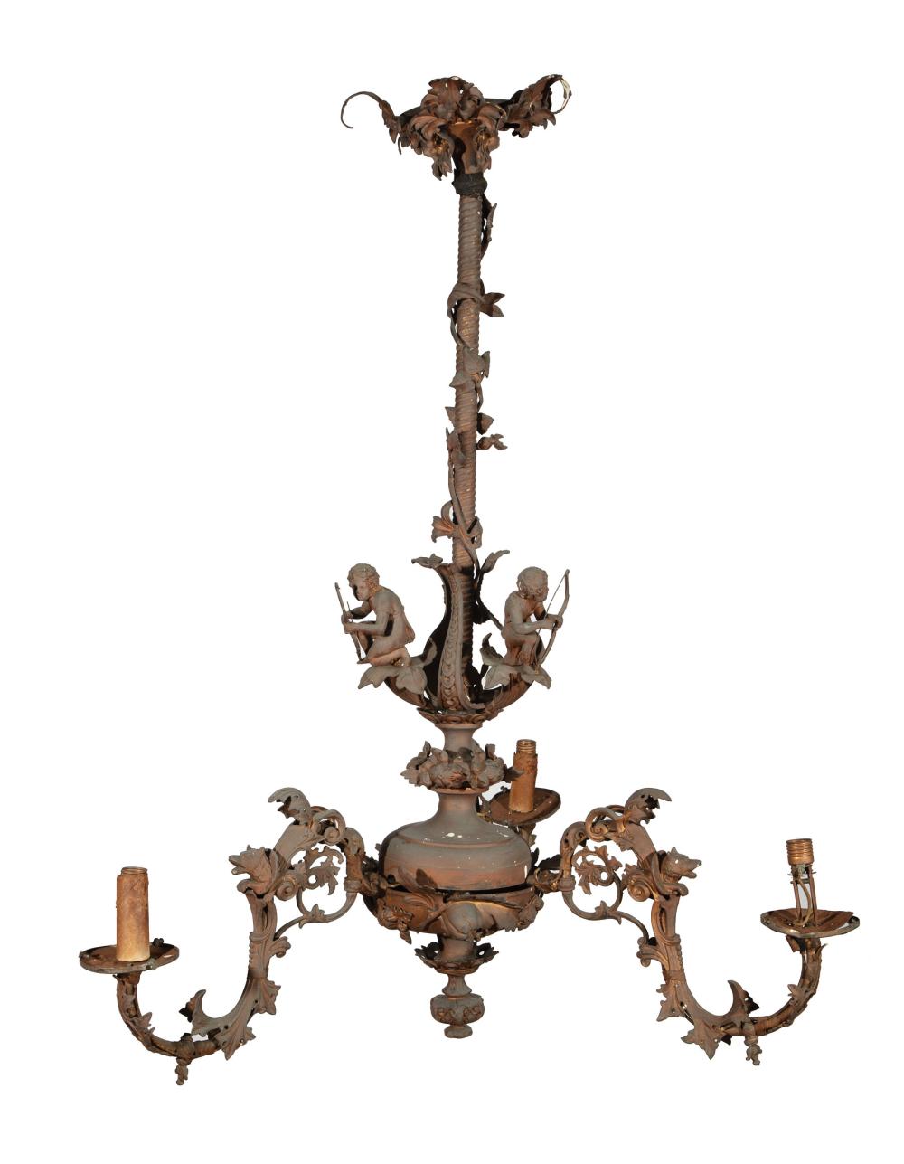 Appraisal: American Rococo Bronze Three-Light Gasolier c mounted with cherubs and