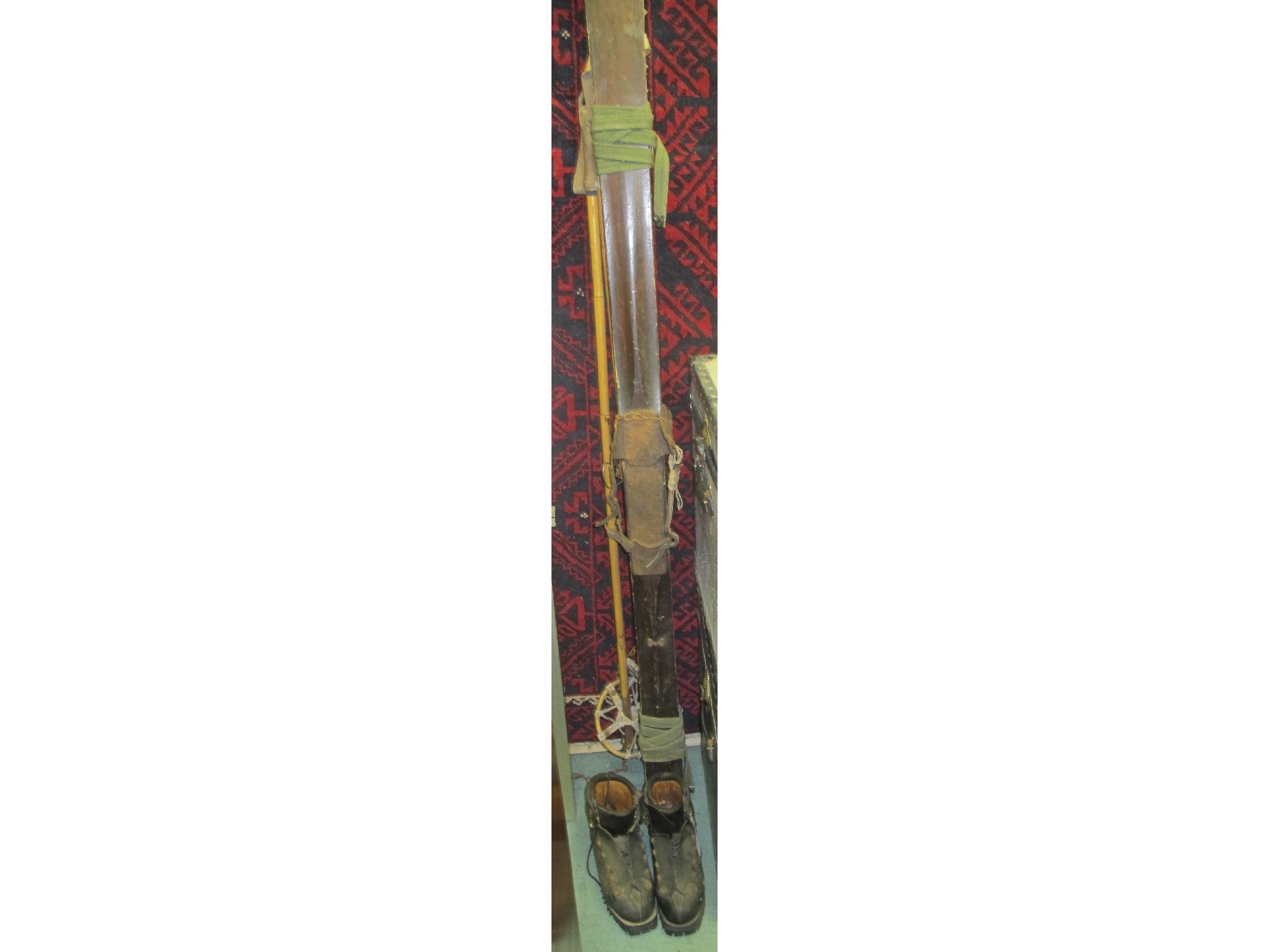 Appraisal: Set of vintage wood skis with bamboo and canvas poles