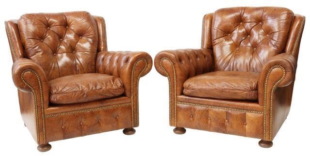 Appraisal: pair Italian leather armchairs th c with button-tufted back apron