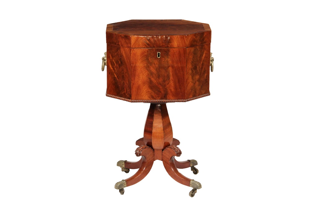 Appraisal: AMERICAN TEAPOY - Empire Period Octagonal Cabinet in crotch mahogany