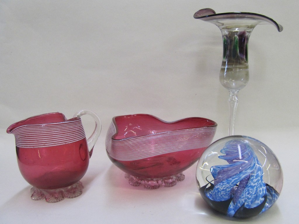 Appraisal: Cranberry glass milk jug and sugar bowl Selkirk glass paperweight