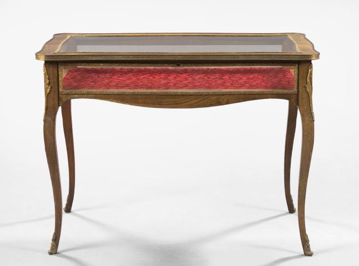 Appraisal: Louis XV-Style Fruitwood Vitrine Table early th century the shaped